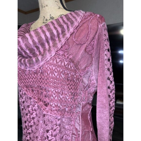 Womens Tunic Blouse Mauve Pink Floral Lace Cowl Asymmetric Fairy Lagenlook LARGE - Picture 8 of 13